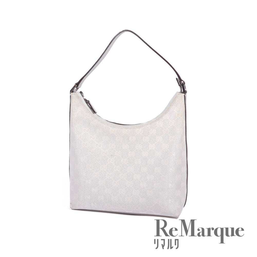 GUCCI GG Canvas One Shoulder Hobo Bag Silver Leather Handbag